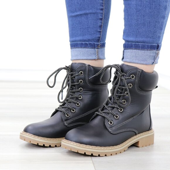 Woman's Faux Leather Lug-Sole Combat Ankle Boots - Picture 12 of 12